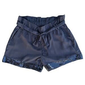 Envy Me Womens Navy Blue Sequin Hem Paperbag Waist Shorts Size M Tie Belt Pocket